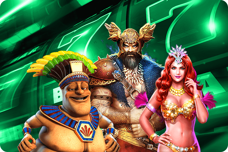 3 Casino-Figuren mit Slot im Hintergrund