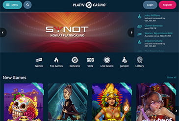 Homepage of Platin Casino